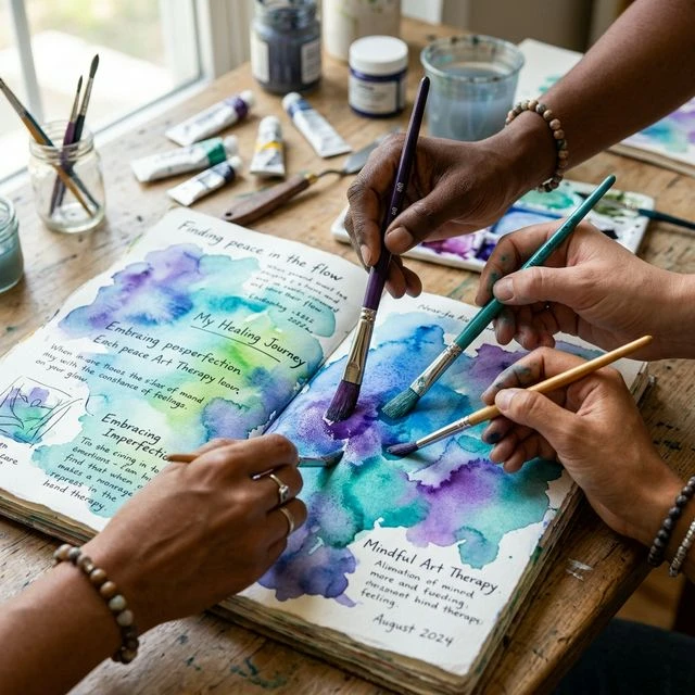 Hands doing watercolor art journaling
