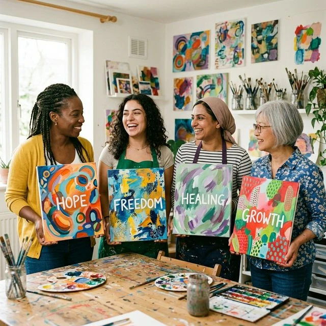 Group art therapy session, people creating together